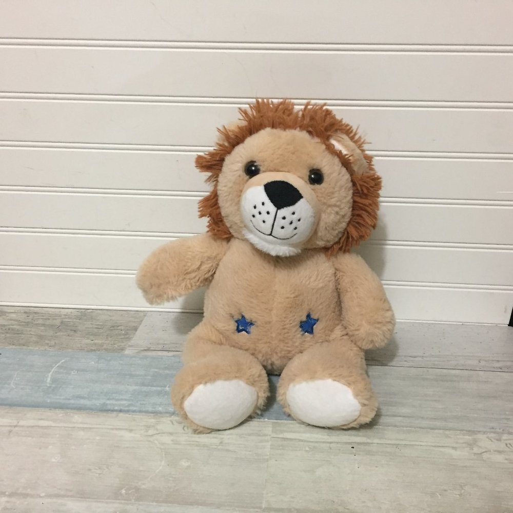 Brown and Tan Plush Lion with Embroidered Blue Stars, Very Soft